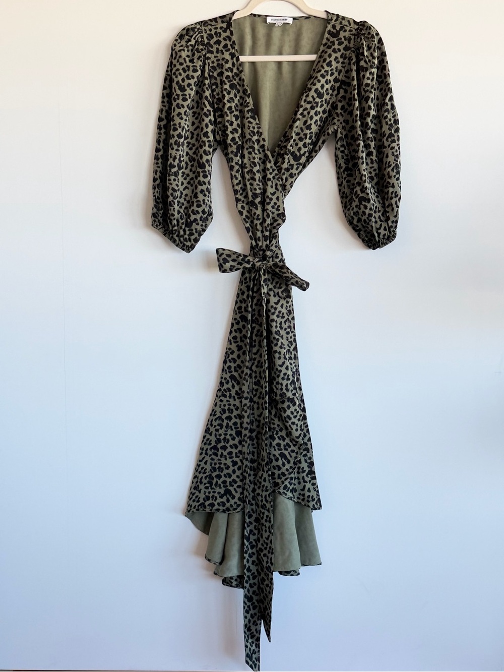 Good American Olive Sage Ivy Leopard Print Wrap Body Midi Dress Size 1 / S